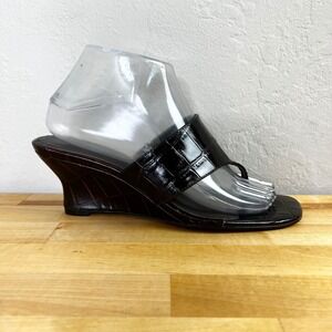 Madewell Deanna Brown Croc Embossed Leather Thong Wedge Heel Sandals Size 7.5